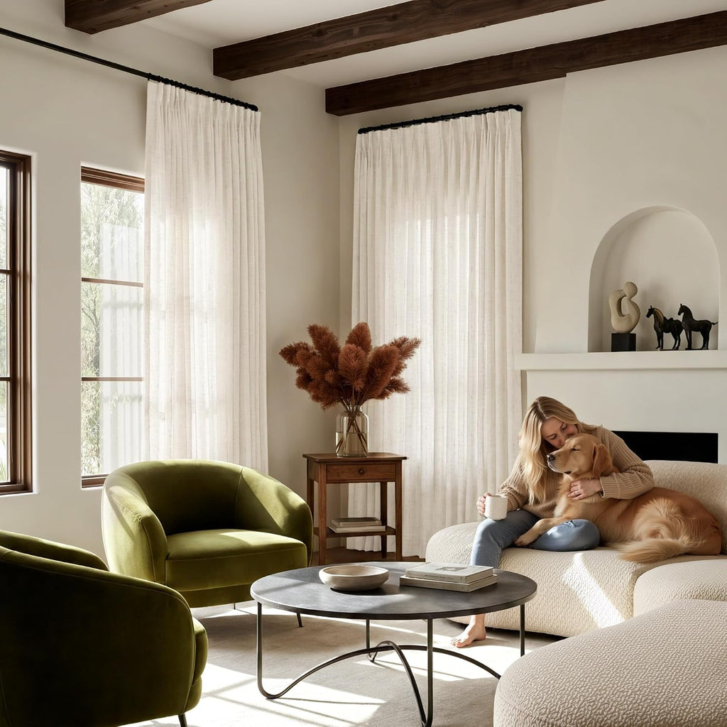 Pinch Pleated Linen Blend 108 inch Curtains, Thick Flax Privacy Added with Light Filtering Drapes Relax Window