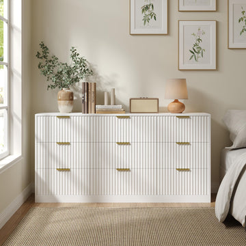 White 9 Drawer Dresser, 63" Wide Modern Fluted Chest of Drawers, Wooden Dresser with Gold Metal Handles, Mid Century