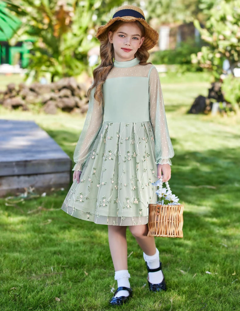 Girls Dresses Contrast Mesh Puff Long Sleeve Formal Party Dress