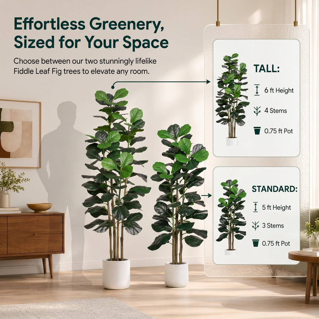 5FT Faux Fiddle Leaf Fig Tree with White Planter Pot, Fake Tree with 3 Trunks, Faux Floor Plant, Indoor and Outdoor