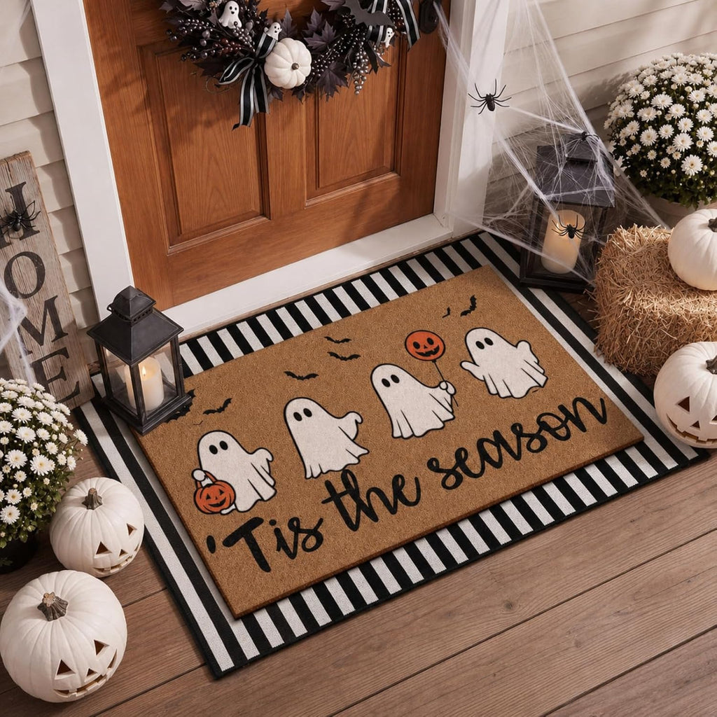 2 Pcs Halloween Layered Doormat Set for Front Porch, Cute Ghost | Tis the Season Ghost Pumpkin Mat with Black White
