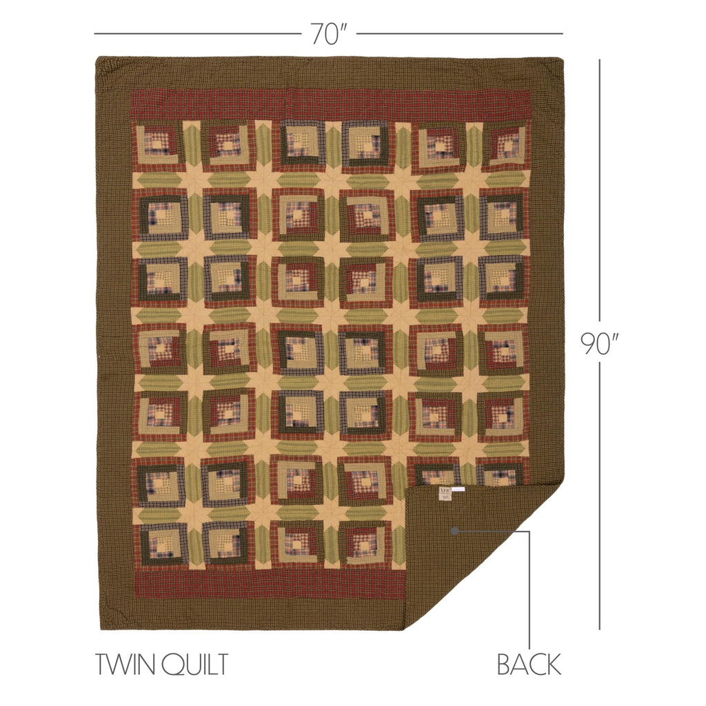 Tea Cabin Quilt 70Wx90L Log Cabin Country Rustic Lodge Design, Moss Green and Deep Red