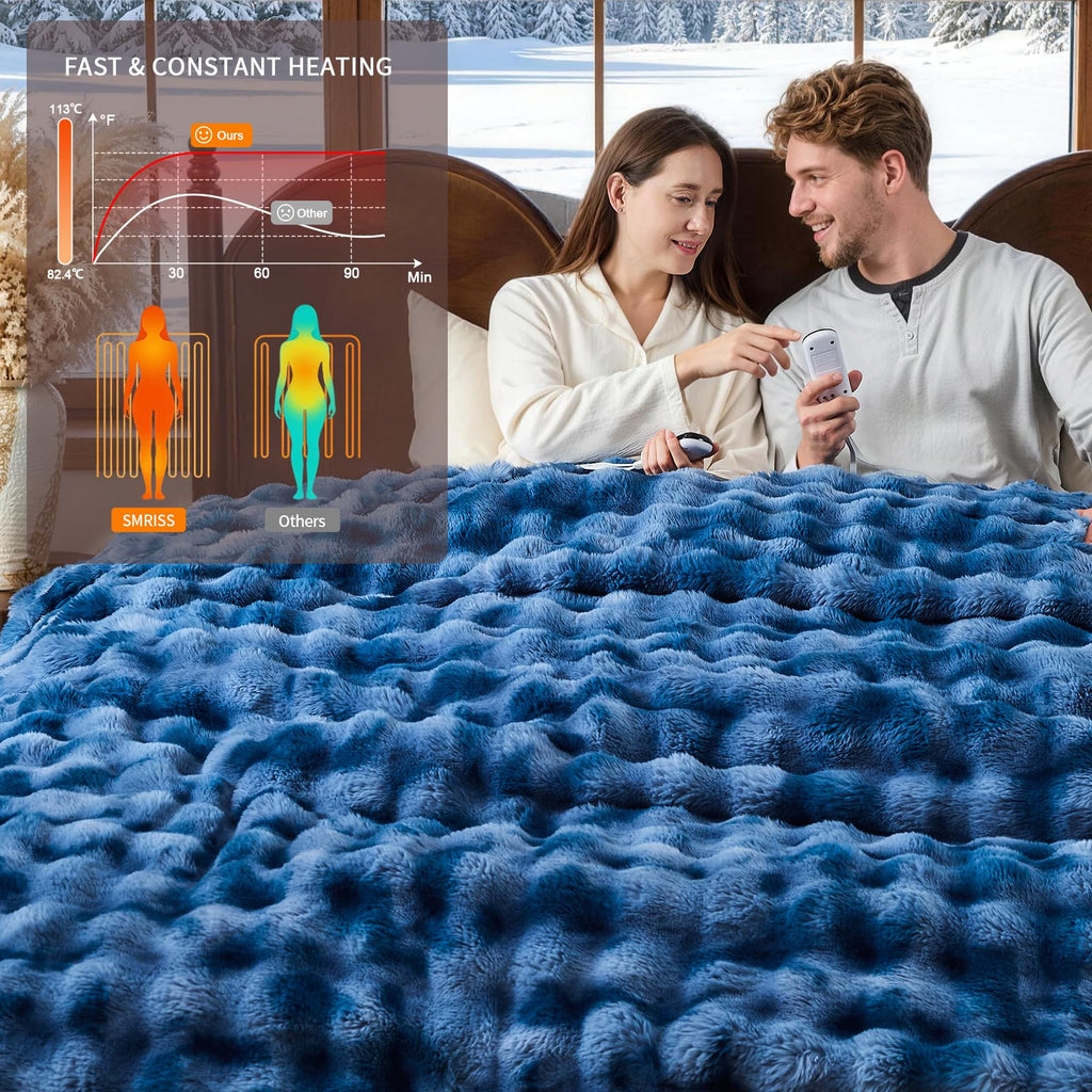 Fluffy Faux Fur Heated Blanket King Size, Tie-dye Blue, 90"x100"