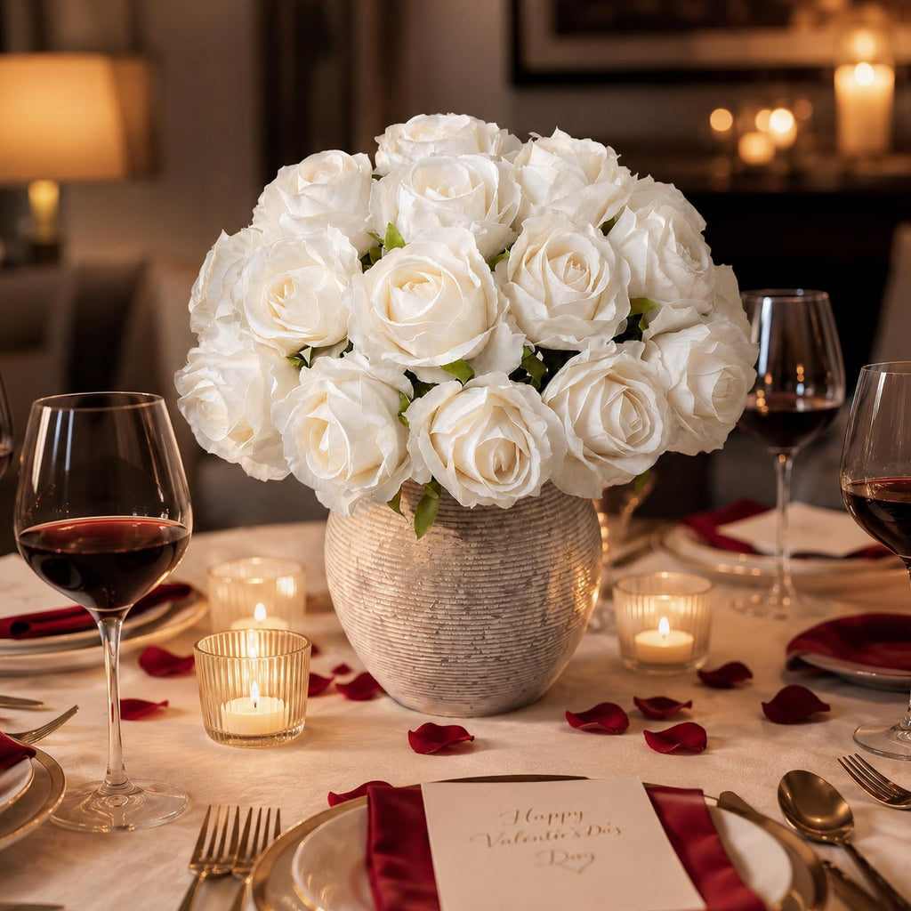 18pcs White Roses Artificial Flowers, Fake Roses Silk Flowers with Stems Realistic Bouquet for Wedding Party DIY