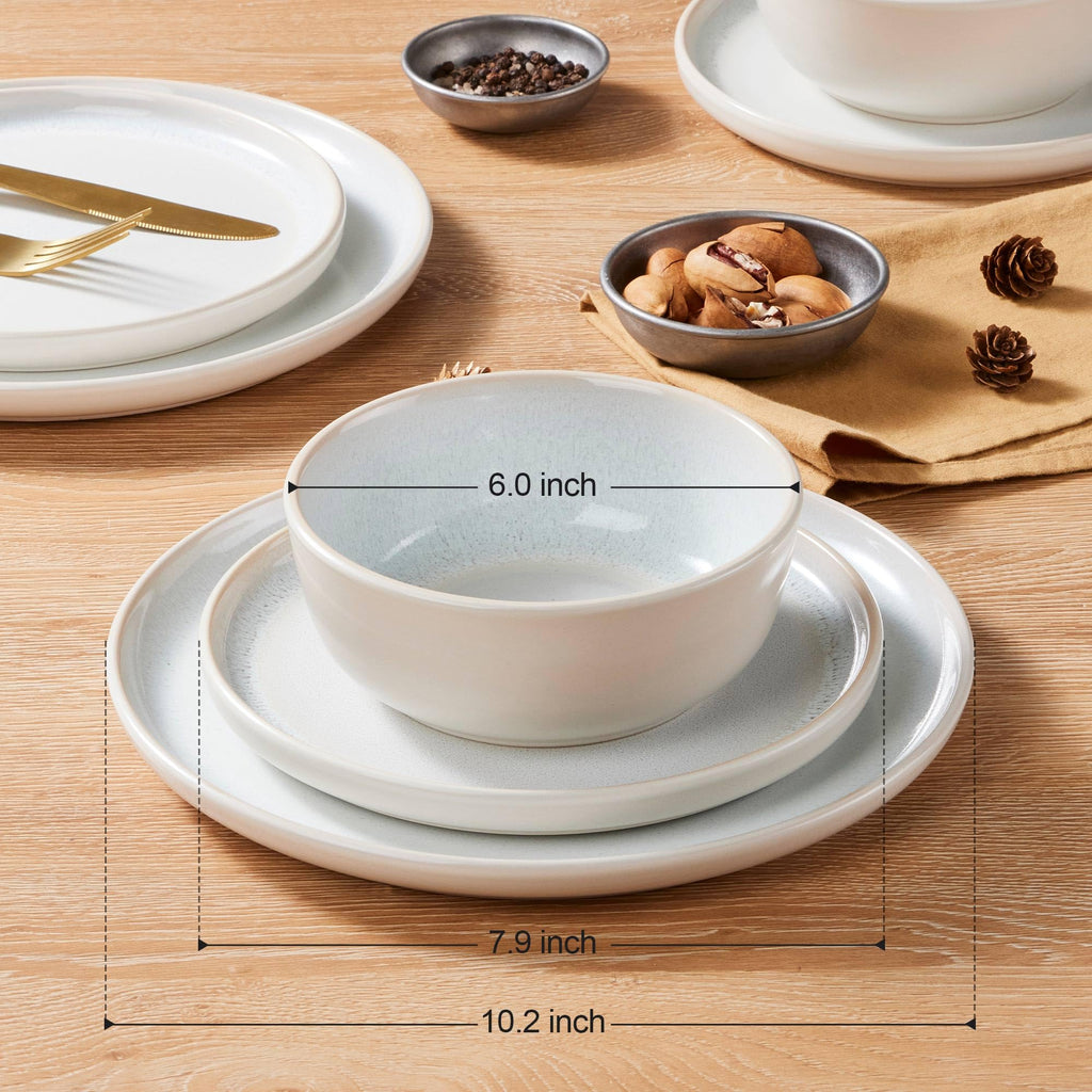 24 Piece Plates and Bowls Sets for 8, Ceramic Dishes Set, Dusk White