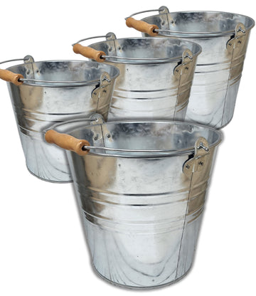 Large Metal Bucket 1.875 Gallon (4 Pack) Pail Tins Silver w/Wood Handle Retro Look for Planter or décor, Gifts