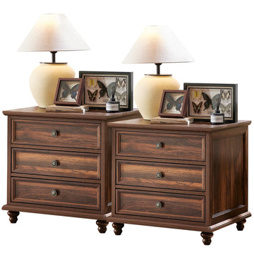 24" Wide Farmhouse Night Stand Set of 2, Large End Table with 3 Drawers & Metal Handle, Brown Wood Dresser Cabinet, Bed