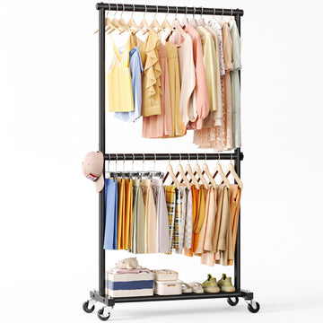 Double Rod Clothes Rack, 35" Wide Hanging Rack for Clothes, Portable Clothing Racks for Hanging Clothes, Rolling