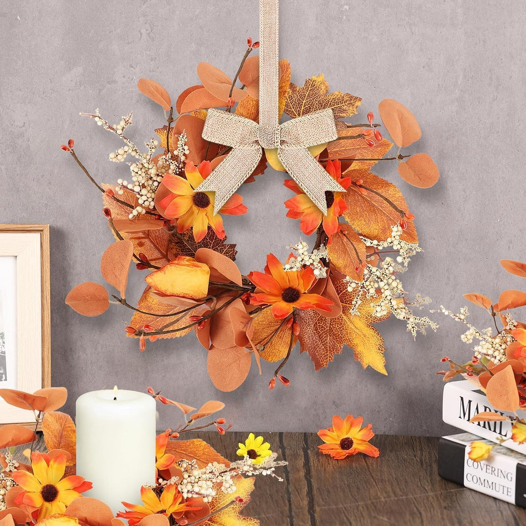 Fall Mini Wreath Set, Artificial Autumn Small Wreaths with Burlap Bow Sunflower Maple Leaf Eucalyptus - Set of 6