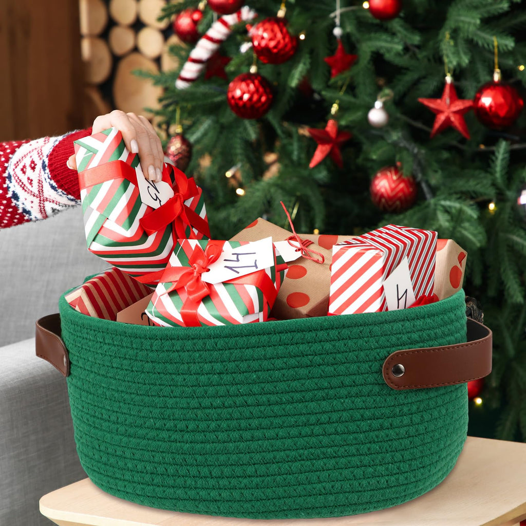 2 Pack Woven Christmas Baskets for Gifts Empty with Handle 12 x 8 x 5 Inch Small Holiday Basket with Bags and Ribbons