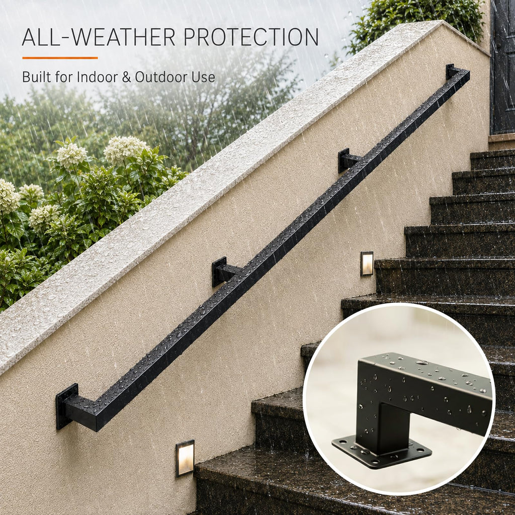 10FT Handrails for Stairs Indoor Outdoor, Step Railing Wall Mounted with Matte Black Finish, Industrial Pipe Hand