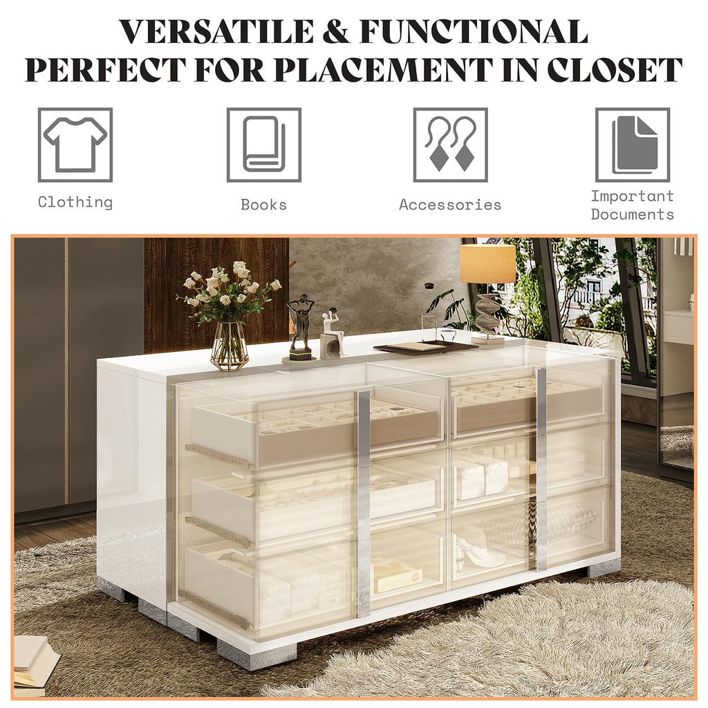6 Drawer Dresser, Modern Storage Chest, High Gloss Finish, White
