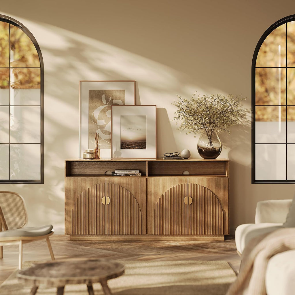 65-inch Fluted Sideboard with Open Shelf, Mid Century Modern Sideboard with Adjustable Shelves & Cable Management