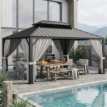 16'x12' Hardtop Gazebo, Update Aluminum Frame Gazebo with Galvanized Steel Double Roof