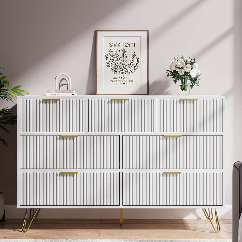 White 7 Drawer Dresser, Fluted Dresser with Gold metal Handles