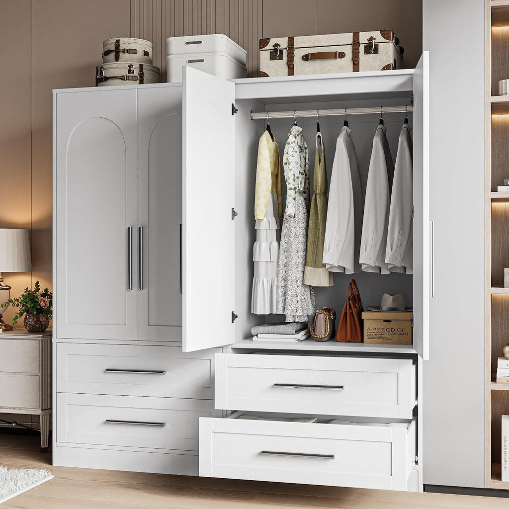 Armoire Wardrobe Closet with 2 Drawers, Modern Wooden Bedroom Armoire with Doors, Clothing Storage Cabinet with