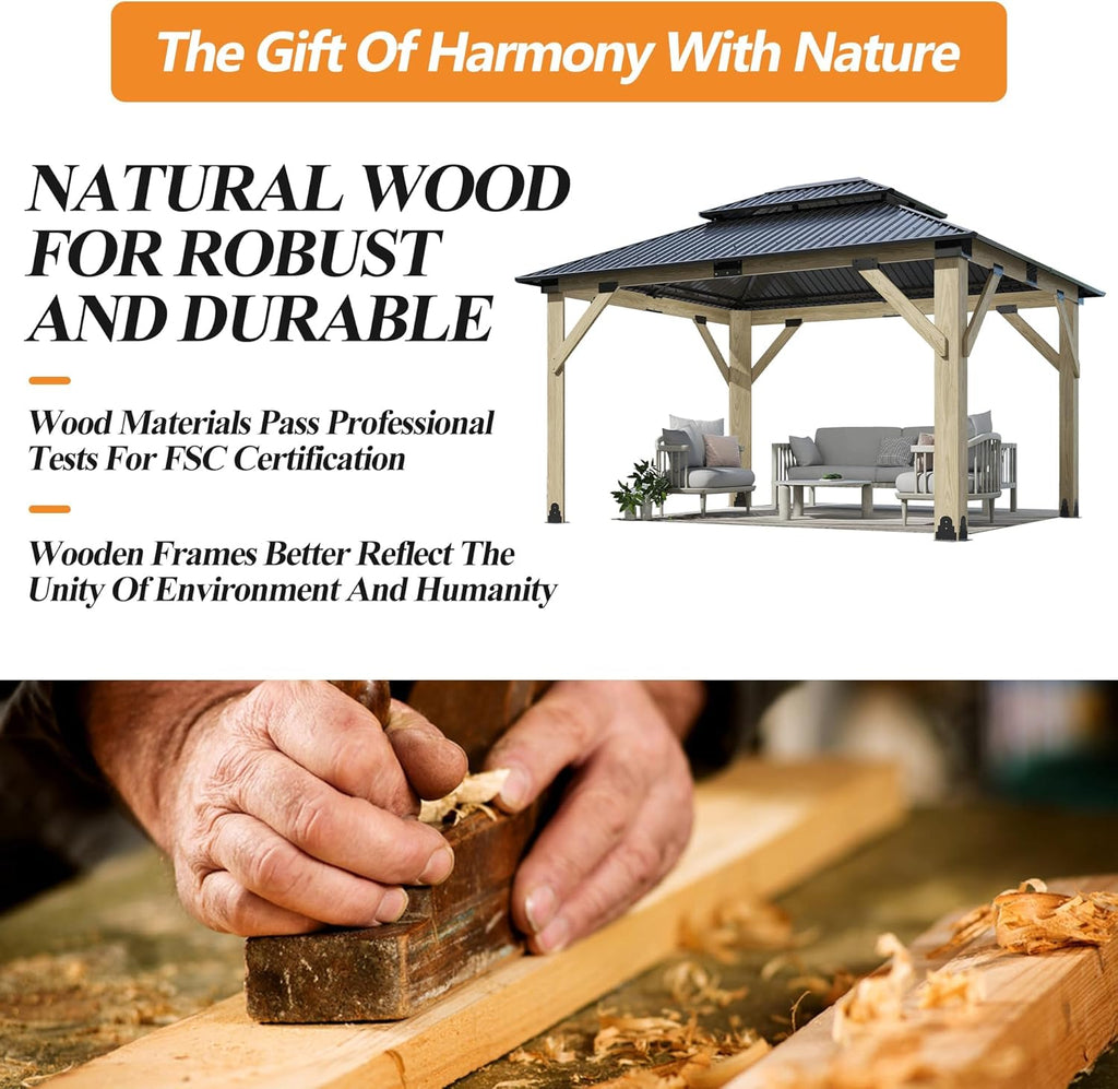 11’x13’ Outdoor Wooden Gazebo - Patio Galvanized Steel Gazebo with Double Vented Roof