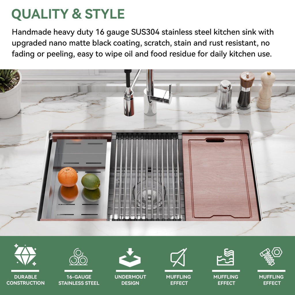 32 Inch Workstation Kitchen Sink, 16 Gauge 304 Stainless Steel Undermount Sink, Deep Single Bowl with Accessories