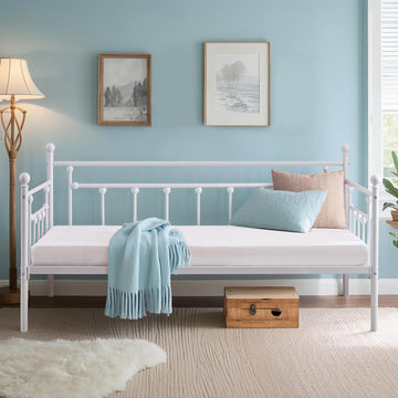 Twin Size Daybed Frame Metal Steel Slat Support with Headboard Sofa Bed Platform, Guest Room, Easy Assembly, White