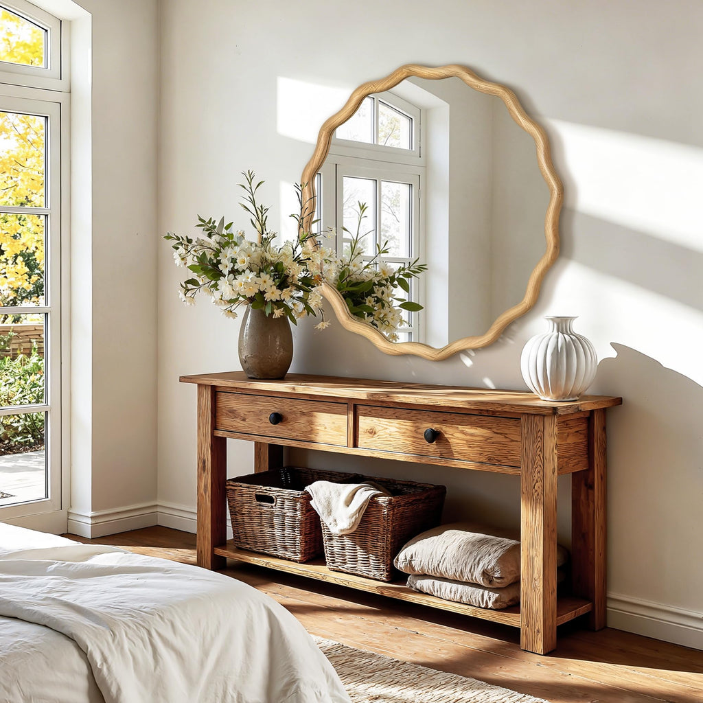 Round Wavy Wall Mirror, 30" Circle Boho Scalloped Mirror