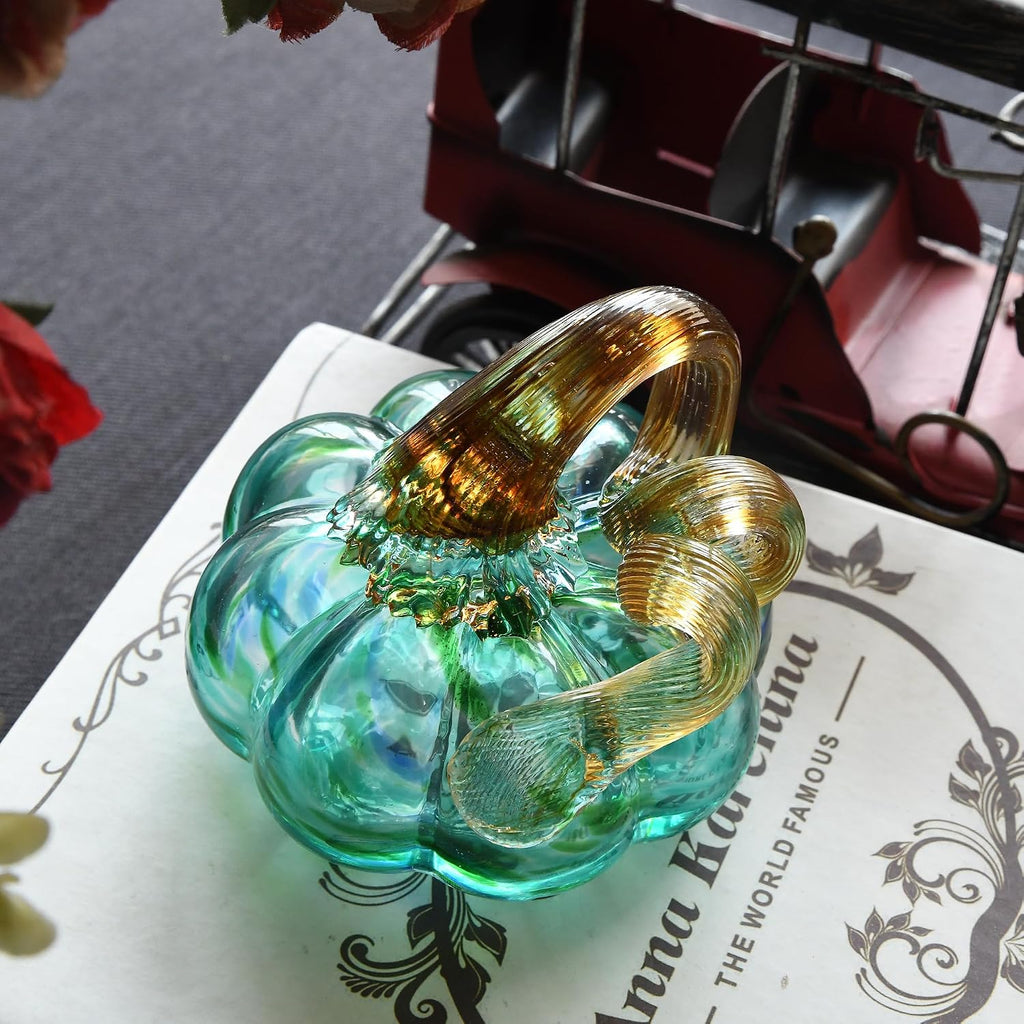 Hand Blown Glass Pumpkin Figurines Collectibles, 3.15" Turquoise Blue Crystal Pumpkin Decorations for Fall Harvest