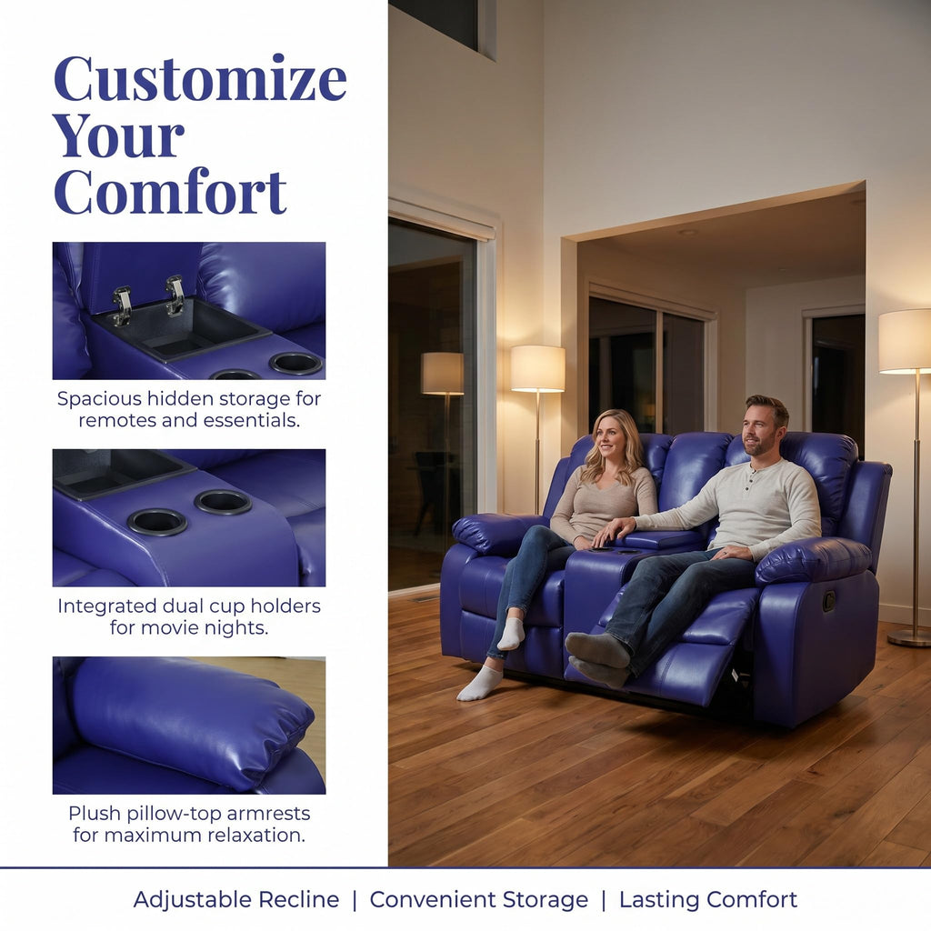 Faux Leather Recliner Sofa Set, Reclining Sofa Couch with Double Recliners, Blue Recliner Couch Set with Cup Holders