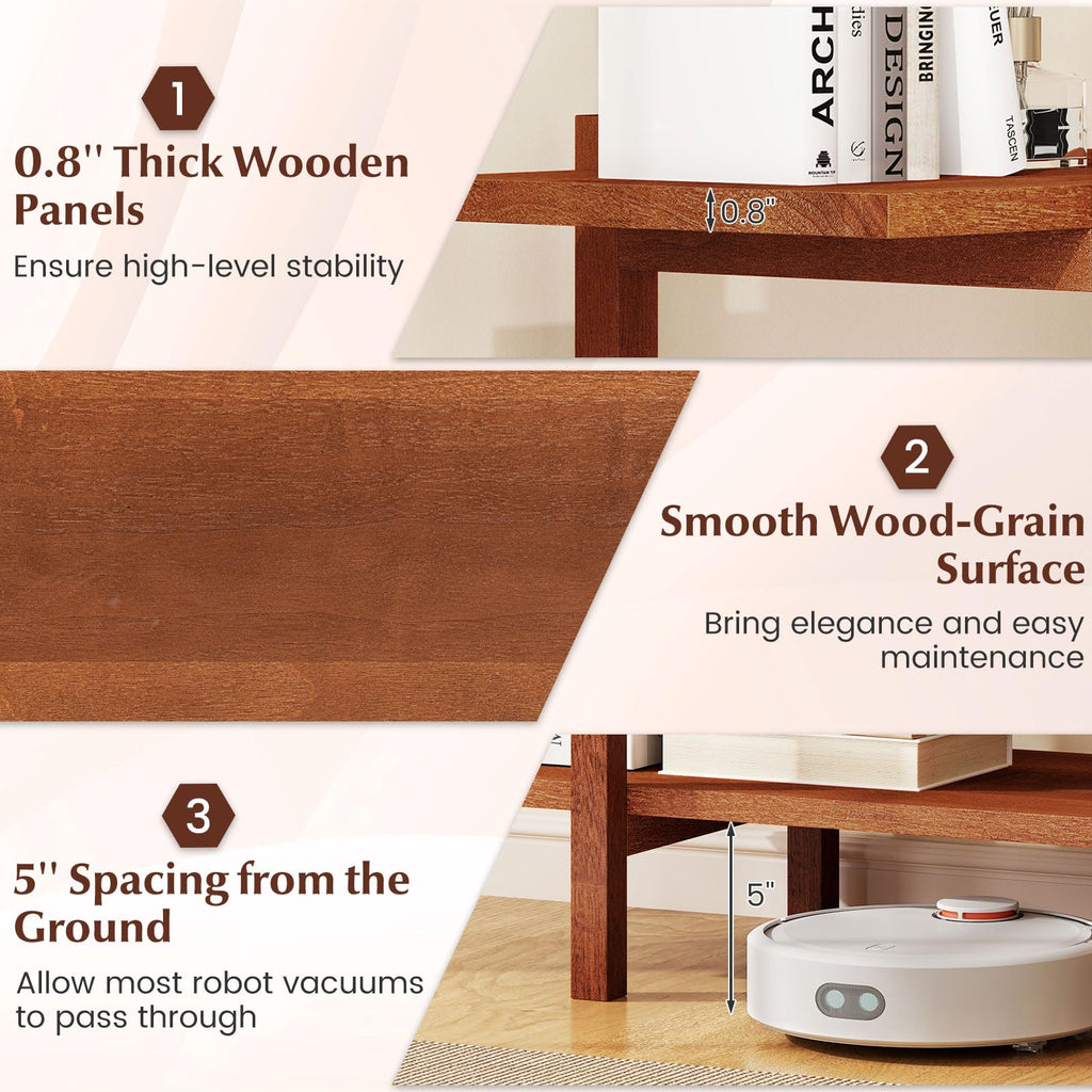 2-Tier Wood Bookshelf, 48" Modern Console Table with Wide Storage Shelf, Horizontal Rubber Wood Bookcase, Open