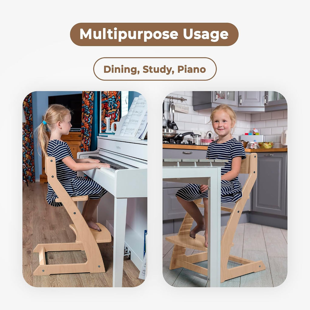Scandinavian Wooden High Chair for Toddlers & Kids | Adjustable Grow-with-Me Montessori Seat for Dining Table |