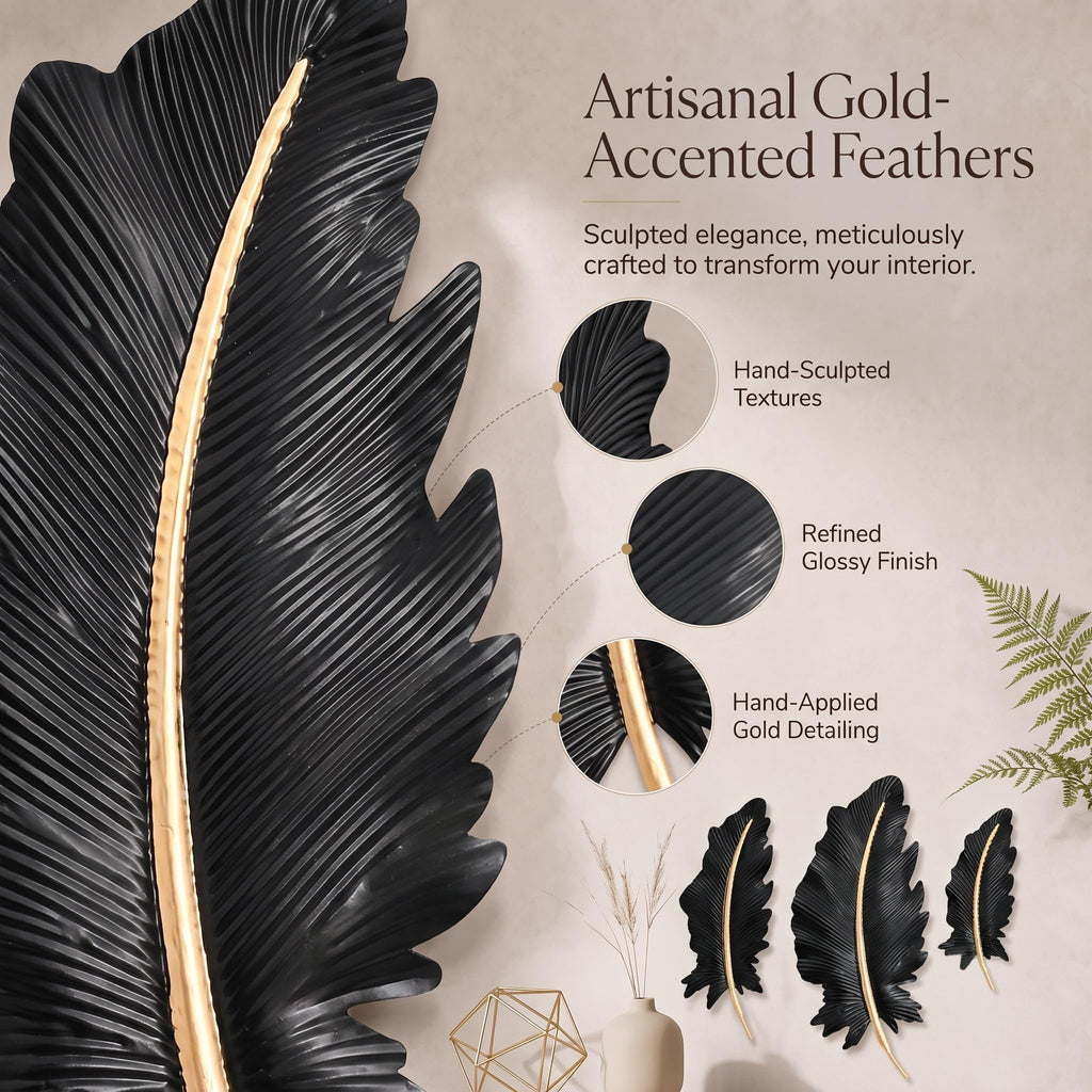 3-Piece 3D Metal Feather Wall Decor Set, Black & Gold