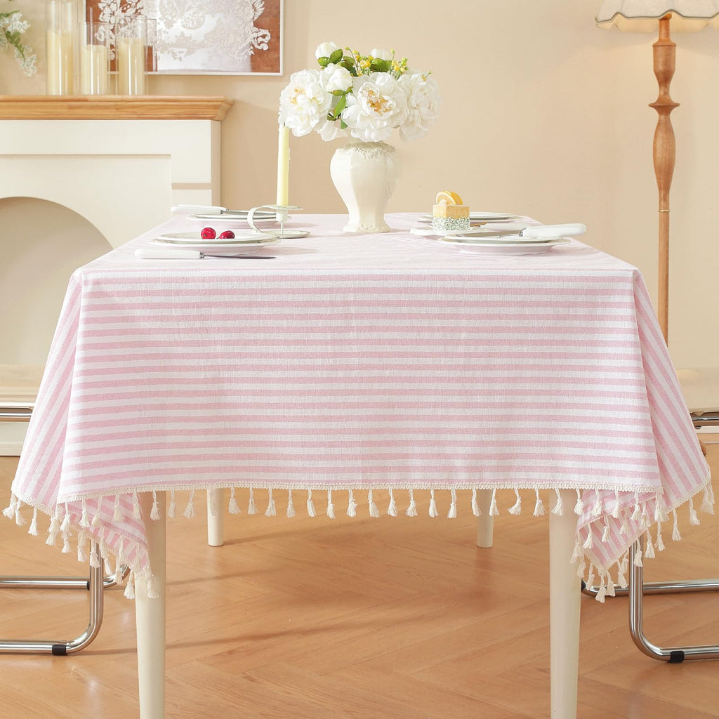 Striped Rectangle Tablecloth, Cotton Blend Fabric Pink Table Cloth with Tassel, Washable Wrinkle Free Table Cover