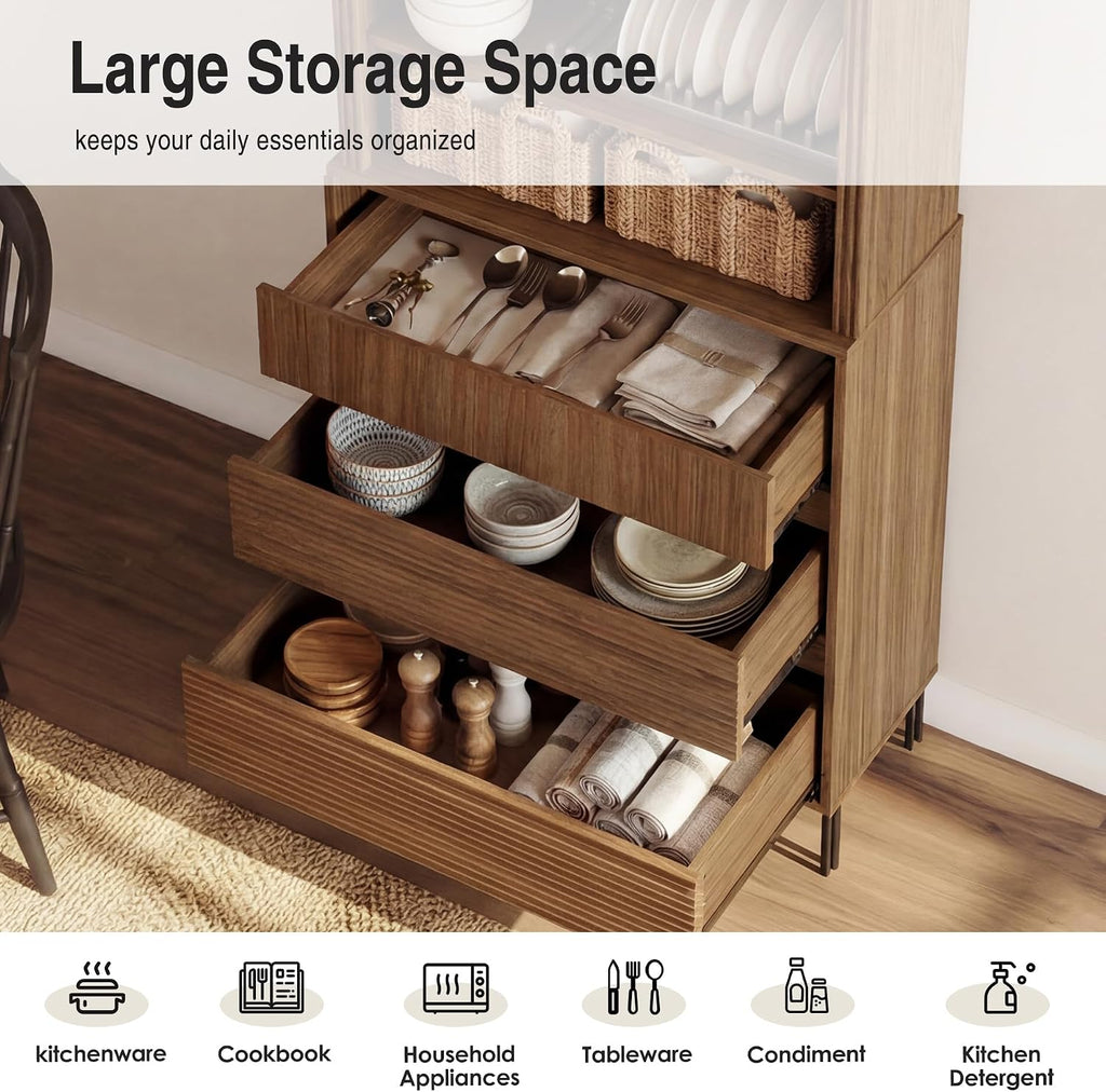 71.5" Tall Bookcase with 3 Drawers, Modern Fluted Bookcase with Adjustable Shelves, Wooden Storage Cabinet , Walnut