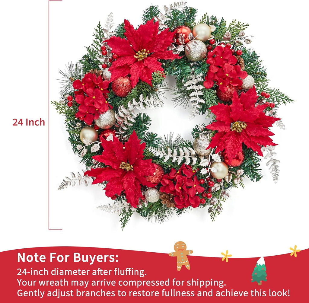 Pre-Lit Christmas Wreath for Front Door, 24 Inch Large Xmas Wreath for Holiday Decor, Battery Operated Xmas Lighted