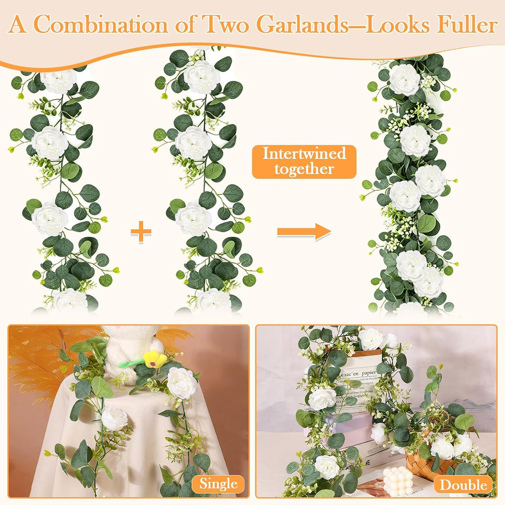 Artificial Eucalyptus Garland with White Roses Fake Greenery Flower - Set of 8