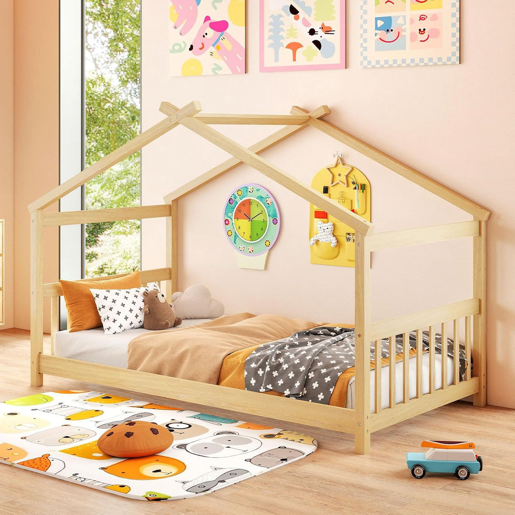 House Bed Twin, Solid Wood Kids House Bed with Roof, Headboard and Footboard, Low Floor Twin Bed Frame for Kids Teens