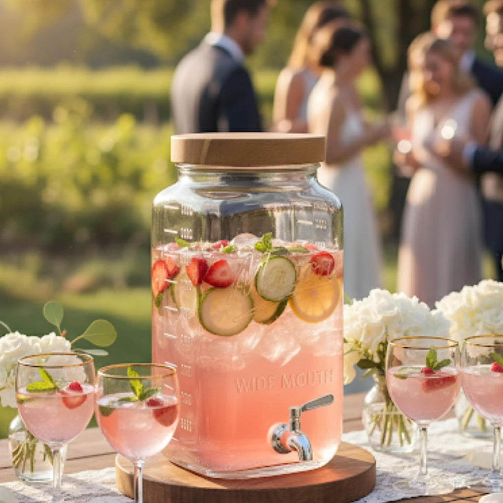 2 Gallon with Wooden Lid - Large Square Mason Jar Drink Container with Stainless Steel Spigot - Big Batch Iced Tea