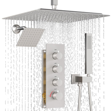 Thermostatic Dual Head Shower System, 16" + 6" Dual Rainfall Shower System (Can All Run Together & Volume Adjustable)