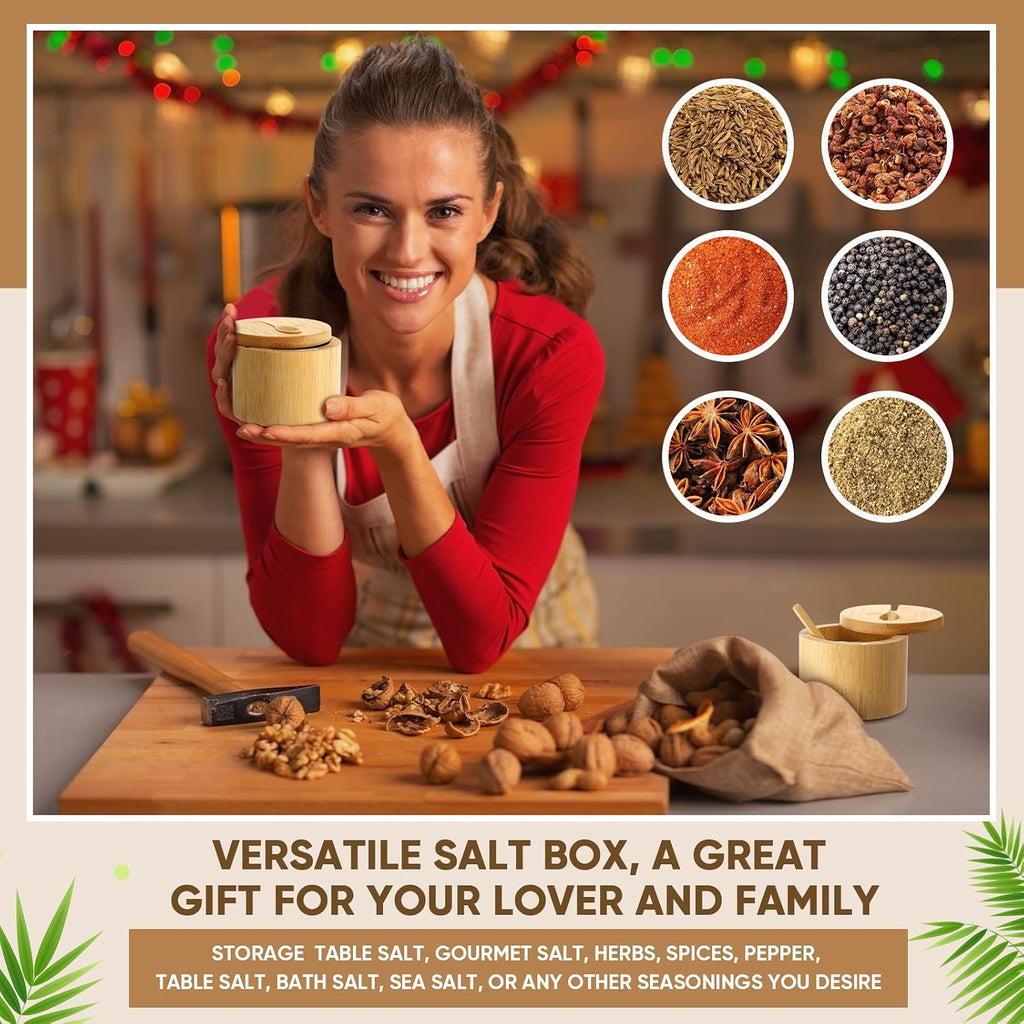 6oz Bamboo Salt Cellar Salt Container with Magnetic Swivel Lid & Spoon Bamboo Storage Box Bowl Elegant Kitchen - Set of 6