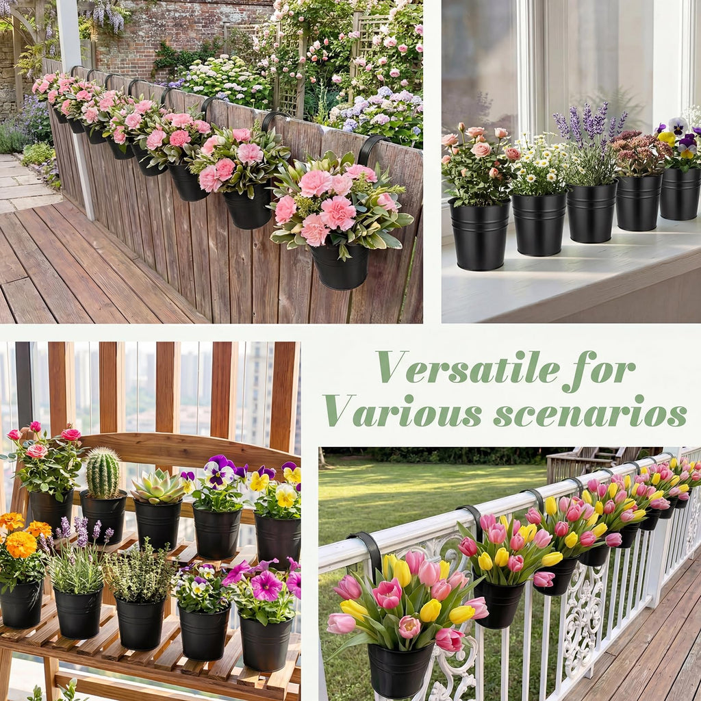 Hanging Flower Pots, Railing Planter Box for Outdoor Plants 12 Pack 5 Inch Metal Hanging Planters with Detachable