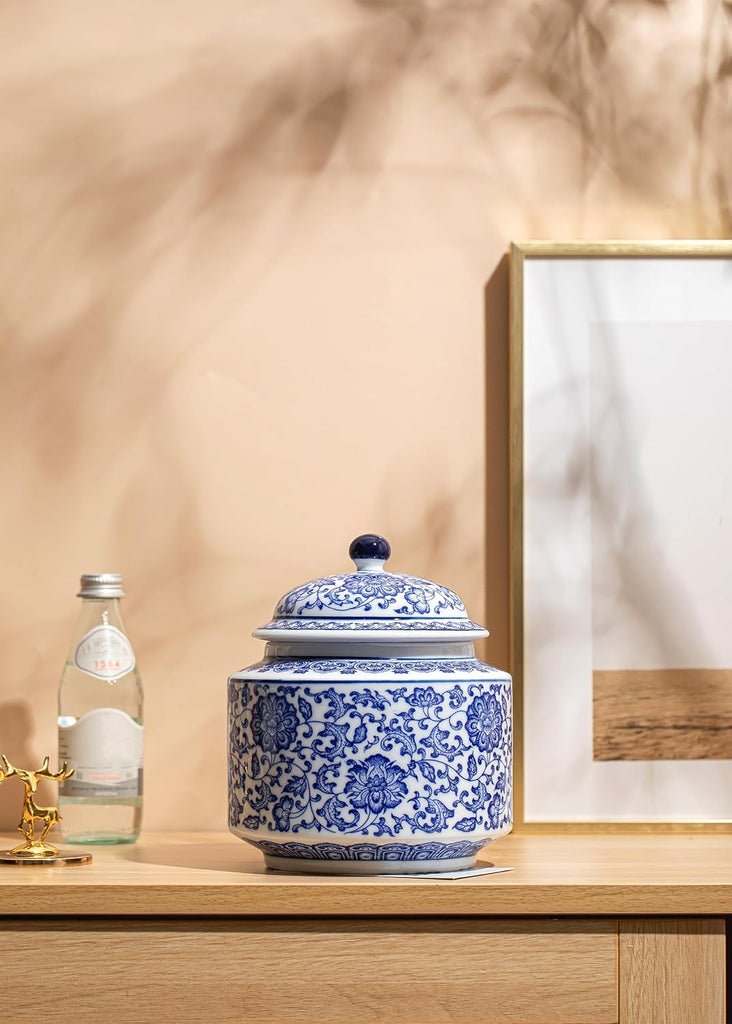 Blue and White Ginger Jar, Ceramic Chinoiserie Decorative Jars, Ginger Jar Vase Pocelain for Table, Living Room