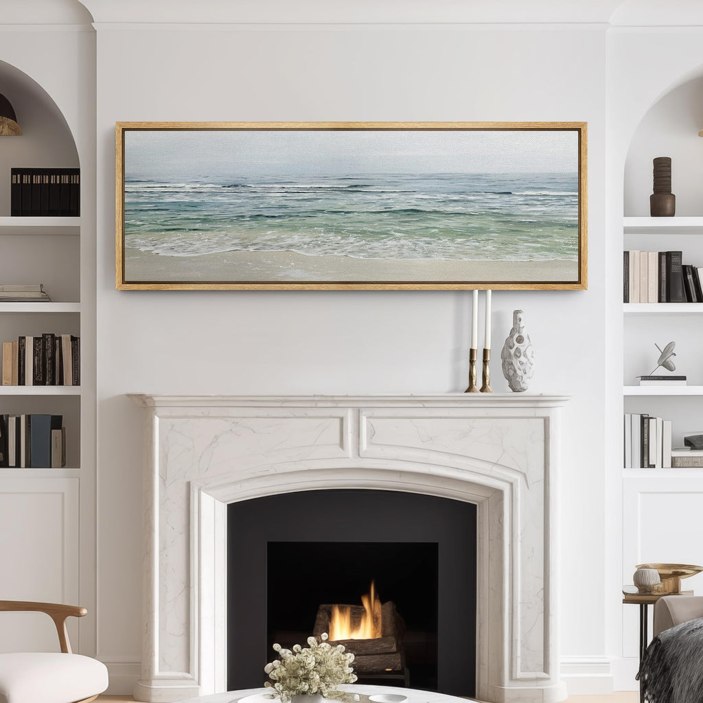 Large Framed Canvas Print Wall Art Tranquil Ocean Waves Coastal Seascape with Gentle Blue and Green Tones