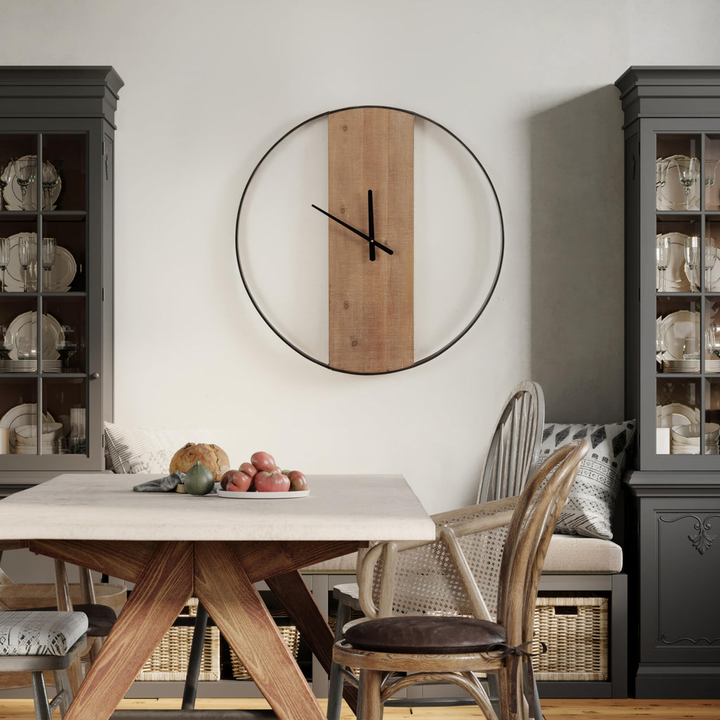 Ladd Modern Numberless Round Wall Clock; 32 Inch Diameter; Hazelnut and Black; Decorative Minimal Metal and Wood