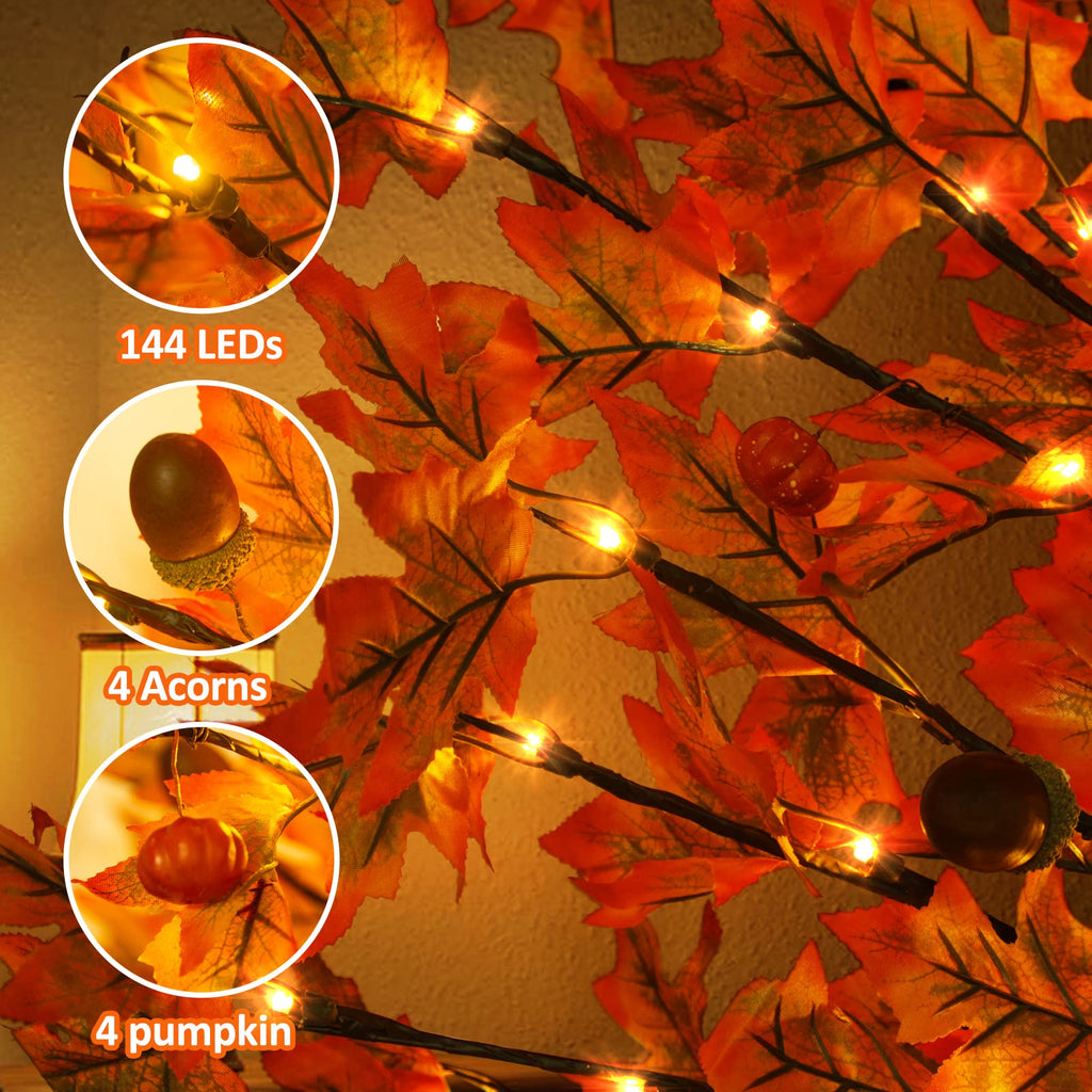 6FT Maple Tree Light - Thanksgiving Decor Artificial Tree with Pumpkins, Acorns, Remote 8 Flashing Modes