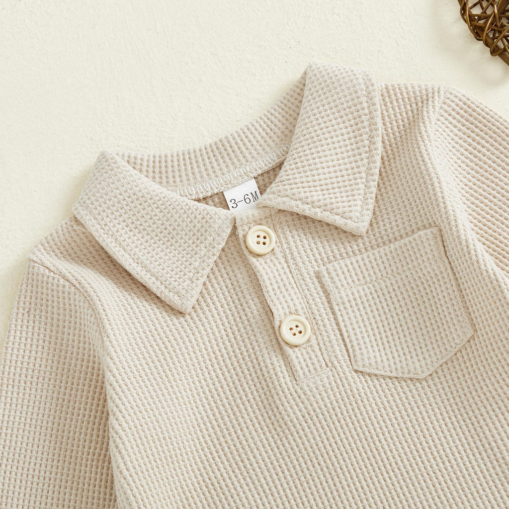 Newborn Baby Boy Clothes Solid Waffle Knit Long Sleeve Button Up Collared Romper Long Pants Set Fall Winter Outfits