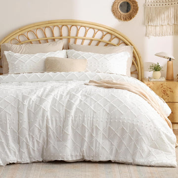 Full Comforter Set - White Comforter, Boho Tufted Distressed Vintage Bedding for Kids, 3 Pieces Farmhouse-Style Bed