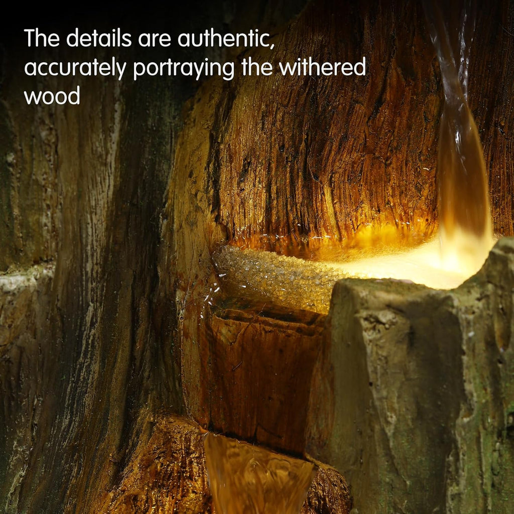 Rustic Tree Stump Fountain with LED Light, Resin Outdoor Garden Decor | Tall resin tree stump fountain with cascading