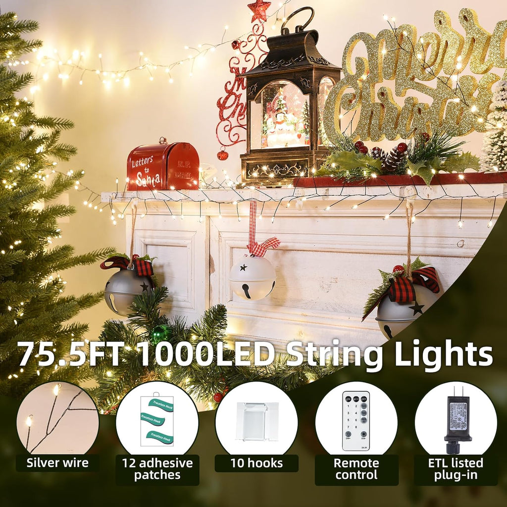 Fairy Lights Plug in 65Ft 1000LED Warm Christmas Wreath Twinkle Lights with Timer Remote Waterproof Firecracker