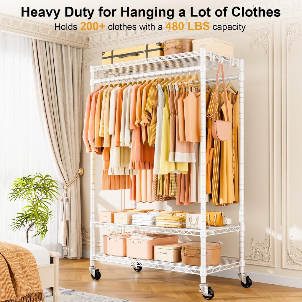 P7 Rolling Clothes Rack, Clothing Racks for Hanging Clothes, White