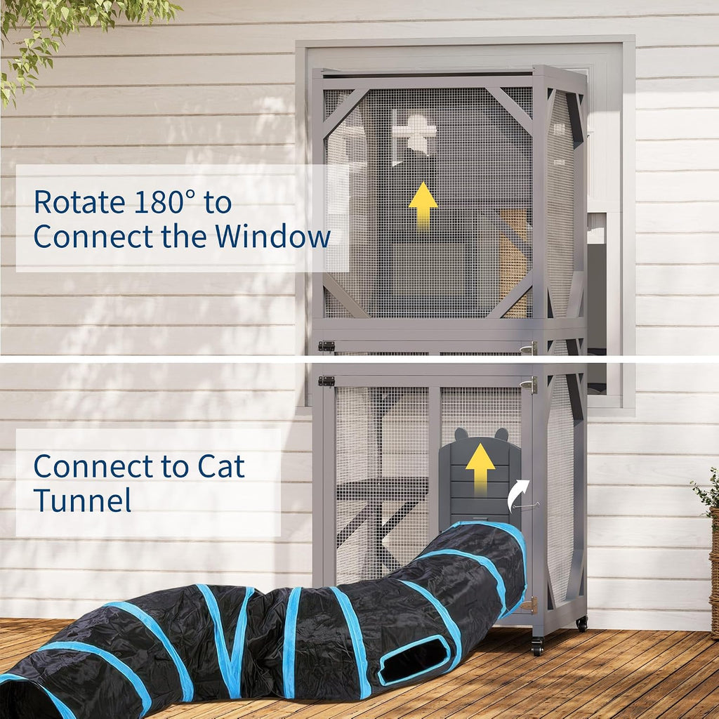 Outdoor Rolling Catio Cat Enclosure, 4-Tier Wooden Cat Cage