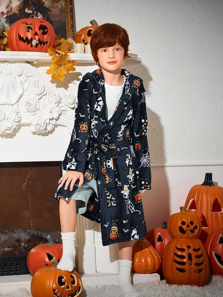 Boys Fleece Robe Kids Plush Hooded Bathrobe Winter Warm Soft Fuzzy Sleepwear