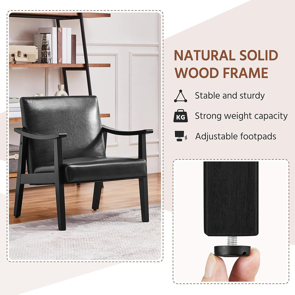 Accent Chairs, Mid-Century Faux Leather Armchairs, Black - Set of 2